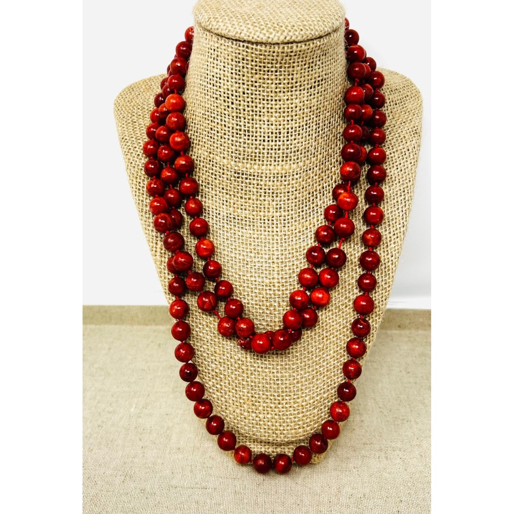 Red Sponge Coral Beaded Extra Long Knotted Strand Sterling Silver Clasp Necklace